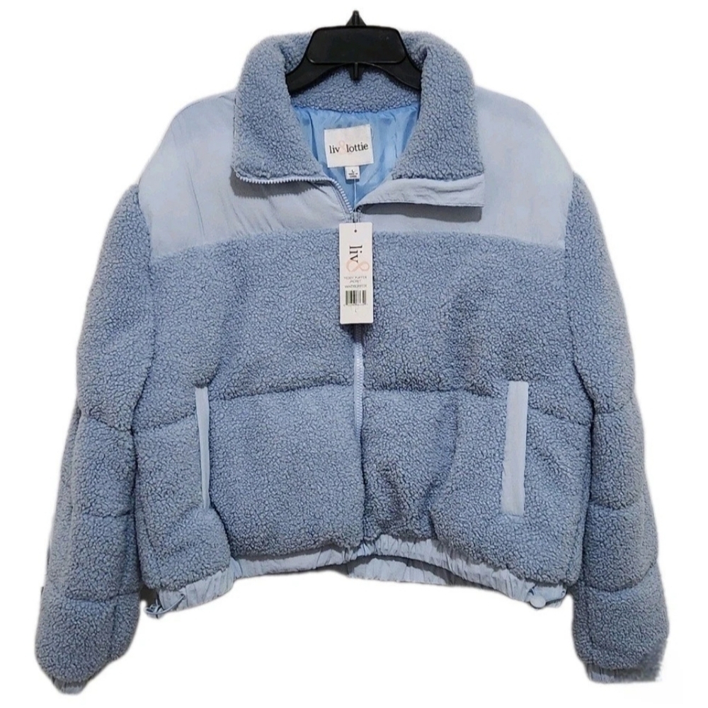 Liv & Lottie Teddy Puffer Jacket Coat Womens L Windsurfer Light Blue Full Zip